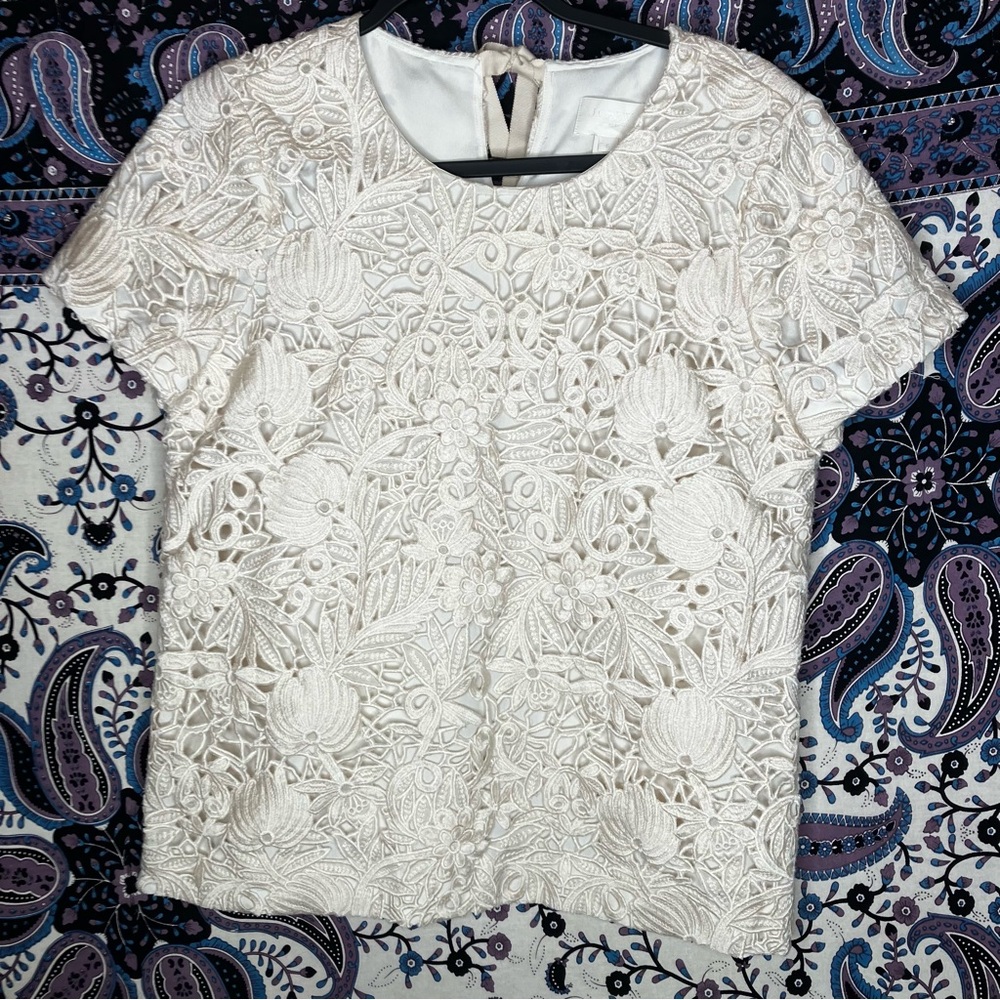 J. Crew Cream Floral Lace Short-Sleeve Blouse